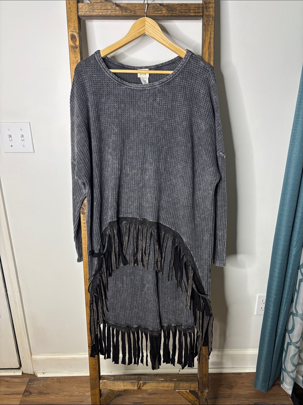 Washed Charcoal Fringe High-Low Waffle Knit Dress